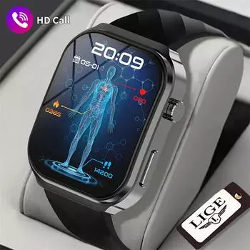 LIGE New U13 Smart Watch 2.1-inch 3D Square Screen Heart Rate Monitoring Bluetooth Call Men s Smart Watch silicone strap чёрный