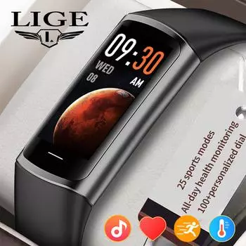 LIGE Новые спортивные умные часы 0,96 дюйма с зарядкой через USB Bluetooth-соединение Водонепроницаемый умный браслет Спортивный фитнес-трекер здоровья подходит для Android IOS silicone strap чёрный