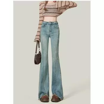 Light Blue Breasted Micro-flare Jeans for Women s Autumn New High-waisted Slim Horseshoe Floor Pants XS