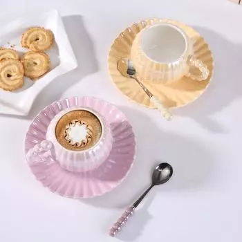 Light Luxury Creative Ceramic Coffee Cup Saucer Set Ins Pearlescent Glaze Ceramic Afternoon Tea Cup Saucer Set Cup with Spoon светло-фиолетовый
