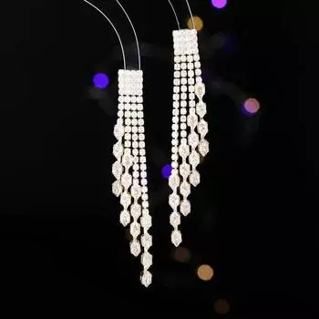 Light luxury high-end dress with earrings, trendy atmosphere, super flash full of diamonds, long modified face zircon fringed earrings серебряный