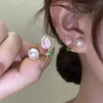 Серьги-гвоздики из нежно-розового цветка тюльпана с жемчугом для женщин, корейские изысканные серьги с цирконием для вечеринки, рождественского подарка