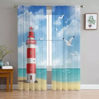 Lighthouse Beach Seagull Прозрачные шторы для гостиной, оконные шторы для кухни, тюль, вуаль, органза, шторы W135 x H115cm x1