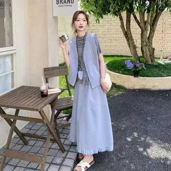 Lightly Mature Slim Looking Blue Age-Reducing Vest Suit Female Summer New Fashion T-Shirt Wooden Ear Skirt Three-Piece Set Blue Original S [48.00kg -55.00kg]]