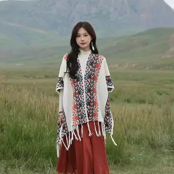 Lijiang Bobbin Tea Этнический стиль Шаль Дорожная одежда Верхний плащ Пальто Накидка Шарф Женщины 167 тёмно-синий