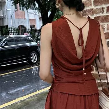Linen-Blend Sleeveless Backless Tie Top & Half Skirt Set - Women s Summer Collection Large