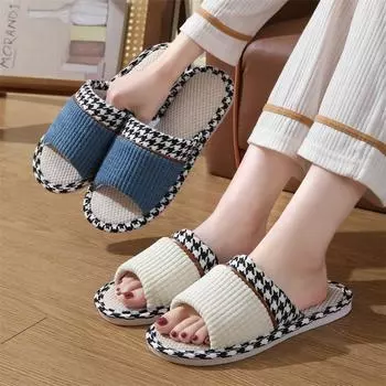 Linen Slippers Indoor House Breathable Women Men Slides Linen Couples Non-Slip Shoes Soft Sandals Shoes Comfortable Flats Shoe 3637 розовый