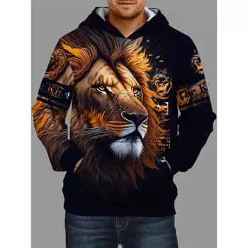 Lion 3d Print Hoodies For Men, Graphic Hoodie With Kangaroo Pocket, Comfy Loose Trendy Hooded Pullover, Mens Clothing for Winter S