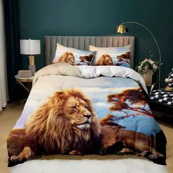 Постельное белье с изображением льва, комплект пододеяльников Queen King Size, пододеяльник с рисунком льва из полиэстера, 1/2 наволочки EU single(135x200cm)