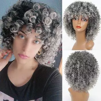 LISI HAIR 14-дюймовый афро-кудрявый вьющийся парик Синтетический парик с челкой Смешанный серо-коричневый и светлый парик для чернокожих женщин Ежедневный парик