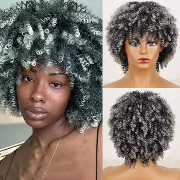 LISI HAIR Афро женский короткий курчавый серый парик с челкой из синтетического волокна черный, серый, коричневый цвет, короткий вьющийся парик