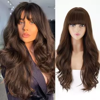 LISI HAIR Длинные коричневые блондинки Ombre волнистые парики с челкой Парики из натуральных волос для женщин Ежедневный косплей термостойкий синтетический парик