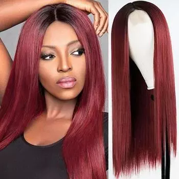 LISI HAIR Длинные прямые волосы, парик спереди, парик с омбре, винно-красный синтетический парик для женщин, натуральный парик средней части, 30 дюймов, черный, коричневый