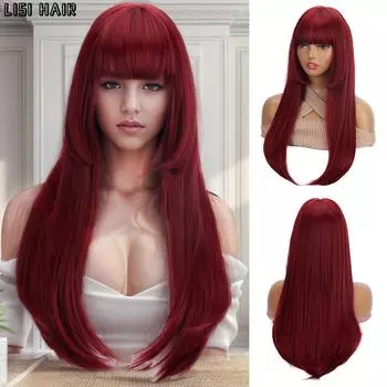 LISI HAIR Длинные прямые волосы принцессы, синтетический темно-красный парик с челкой, термостойкие волокна, парики для женщин, косплей 52cm