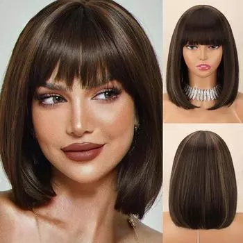 LISI HAIR Короткий прямой коричневый парик Боб с челкой для женщин Синтетическое термостойкое волокно Косплей Повседневная одежда Парик длиной до плеч 30 cm