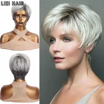 LISI HAIR Короткий серый парик Синтетические натуральные прямые парики для женщин Ежедневное использование Вечеринка Косплей Волосы Термостойкий парик 25cm