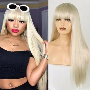 LISI HAIR Модный длинный прямой парик с челкой из синтетического парика для женщин (цвет: черный) WIG&WIG CAP золотой