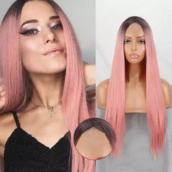 LISI HAIR Ombre Розовый Длинный Прямой Парик Без Челки Кружева Фронт Синтетического Волокна Женская Мода Длинный Прямой Парик Повседневная Одежда 60 cm