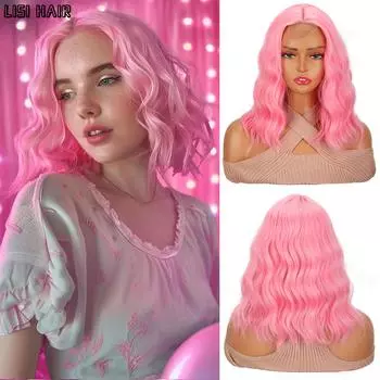 LISI HAIR Розовые волнистые парики Синтетические короткие плечи Волнистый парик Боб Натуральный для женской одежды 30cm