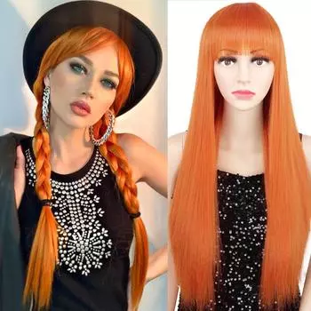 LISI HAIR Синтетические длинные прямые парики с челкой для женщин, парик для косплея оранжевого цвета, 30 дюймов, центральная часть волос, винно-красный цвет
