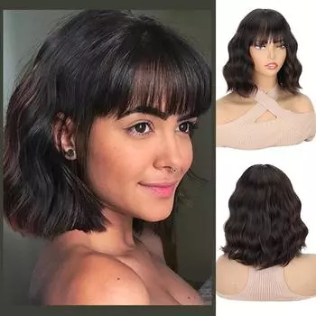 LISI HAIR Синтетический волнистый парик с челкой, парики длиной до плеч с натуральным волнистым термостойким волокном, парик для женщин, повседневное использование на вечеринках 30cm