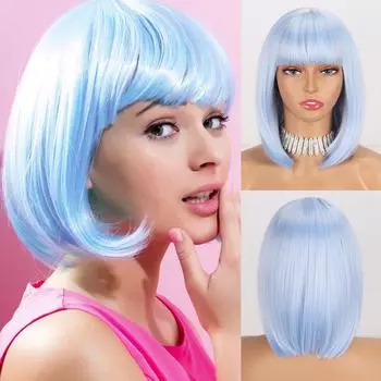 LISI HAIR Светло-голубой цвет Короткий прямой парик Боб с челкой Синтетическое волокно Косплей Светлый цвет Женская мода Длиной до плеч Парик Боб 1B