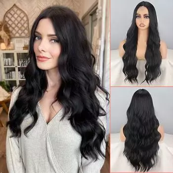 LISI HAIR женский натуральный черный волнистый парик без челки из синтетического волокна, натуральный волнистый парик спереди, косплей, повседневная одежда 60cm