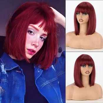 LISI HAIR женский прямой парик красного вина длиной до плеч с челкой из синтетического волокна, натуральный прямой парик боб, косплей на каждый день 30cm