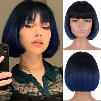 LISI HAIR женский темно-синий короткий парик боб с челкой, градиент, черный, синий, до плеч, парик из синтетического волокна для женщин