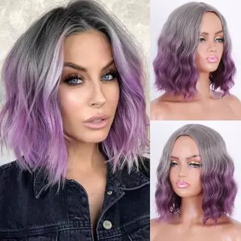 LISI HAIR женский волнистый парик из синтетического волокна без челки короткий натуральный волнистый парик Ombre серый фиолетовый парик из синтетического волокна для женщин