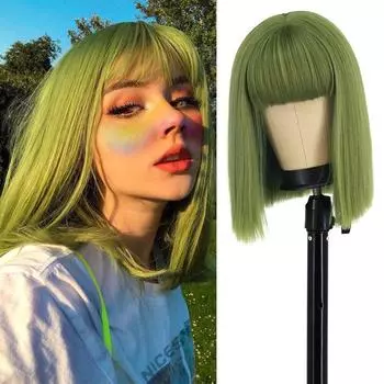 LISI HAIRGreen Короткий парик Боб с челкой Косплей для женщин Термостойкие синтетические парики Ежедневное использование Прически Лолиты Черный Розовый Винно-красный 12inches