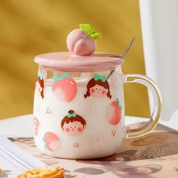 Little Gift Girl Glass Cup Peach with Lid Spoon High Borosilicon Office Cartoon Cute Water Cup Creative Personality Cup 500ML