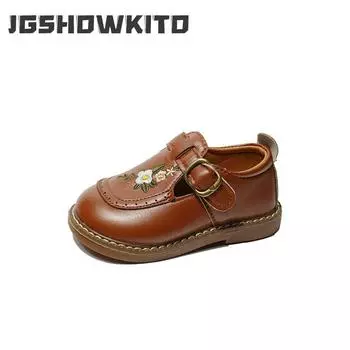 Little Princess Loafers 2024 Spring New Embroidered Girls French Style Retro Brown Classic Children s Fashion Leather Shoes PU 21 бежевый