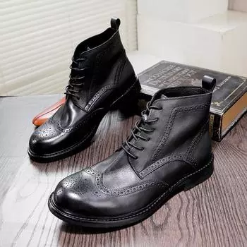 Live Goodyear Hand Shoes Martin Boots Men s Brock Carved Retro Washed Short Boots Leather Outstop Boots 37 чёрный