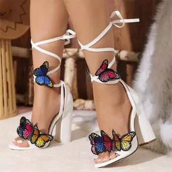Liyke New Arrivals Open Toe White Sandals For Women Handwork Embroidery Butterfly Lace Up High Heels Party Dress Shoe Pumps 36 чёрный