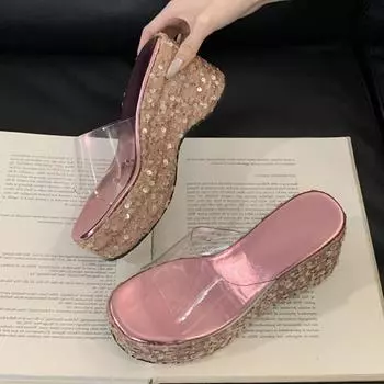 Liyke New Fashion Sequined Platform Wedges Slippers Women Open Toe PVC Transparent Sandals Female Shoes High Heels Zapatos Mujer 35 серебряный