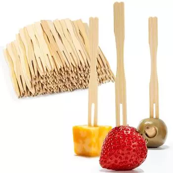 LMETJMA 100Pcs Mini Bamboo Fruit Forks Disposable Cocktail Food Forks Party Appetizer Picks Forks Wooden Toothpicks Fork JT297