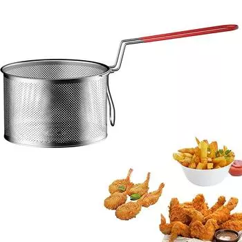 LMETJMA Deep Fryer Basket Round Stainless Steel Fry Baskets With Silicone Handle and Resting Hook for French Chips JT96
