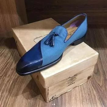 Loafers for Men Black Blue Tassels Men Shoes Round Toe Slip-On Handmade Size 38-48 Mens Shoes 38 чёрный