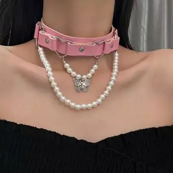 Loc Control Focus Punk Rivet Butterfly Pearl Collar Choker Leather Universal Sweet Cool Babes Niche