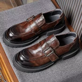 Лоферы с пряжкой Horse Buckle, однопедальные, с круглым носком, повседневные кожаные туфли, мужские туфли из натуральной кожи в британском деловом стиле на платформе 38 коричневый