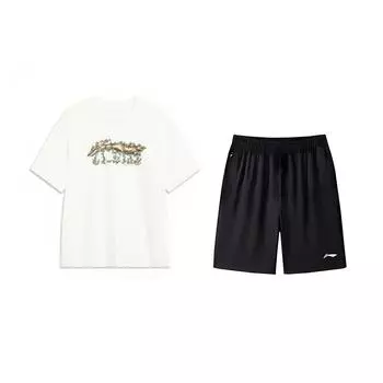 Логотип Li Ning Цветочный Пуловер с круглым вырезом и короткими рукавами Модный Универсальный Удобный Шорты Повседневный Спортивный Комплект Комплекты Унисекс AHSU973-1+AKSV843-1 L