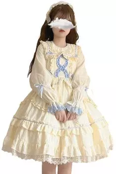 Лолита Длинный рукав Цельное платье Country Cosplay Длина до колена Кремово-желтый [Lady Lazy] (Светло-голубой, L)