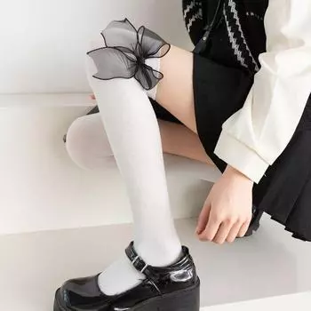 Lolita Women s Knee Socks with Organza Bow - Spring/Autumn JK College Style One Size чёрный/белый