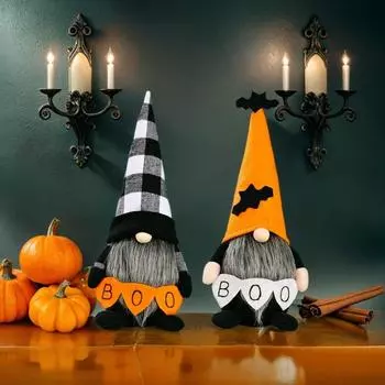 Long Beard Halloween Elf Dwarfs Dolls Bat Orange Hat Halloween Gnomes Decorations Desk Decor Style B
