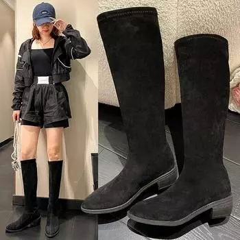 Long Boots for Women But Knee 20244 Autumn and Winter New Small High Elastic Medium Skinny Boots 35 чёрный