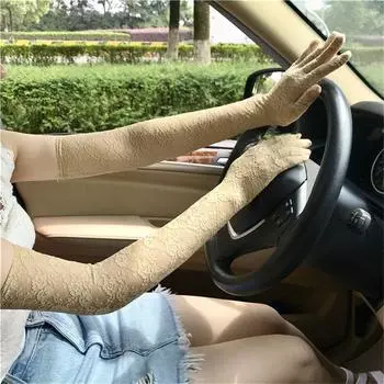 Long Lace Five Finger Gloves Easiest for Match Elastic Pattern Long Arm Sleeve Etiquette Sun Protection Sexy Artsy Sun Protection for Women Khaki One size