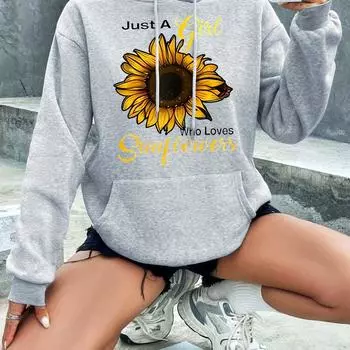 Long Sleeve Drawstring Pullover Pocket Front Hooded Sweatshirt, Sunflower Graphic Fleece Lined Casual Sports Hoodie, Women s Sporty Sweatshirts S