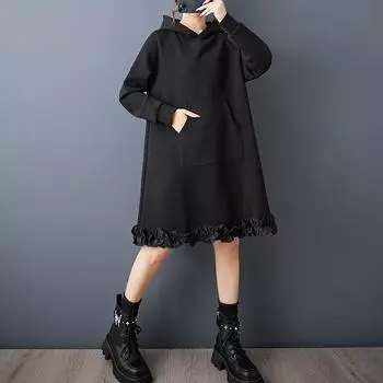 Long sleeve plus size Black cotton vintage hooded new in dresses for women casual loose midi spring autumn sweatershirt dress