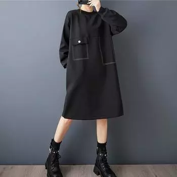 Long sleeve plus size cotton vintage Black new in dresses for women casual loose midi spring autumn dress